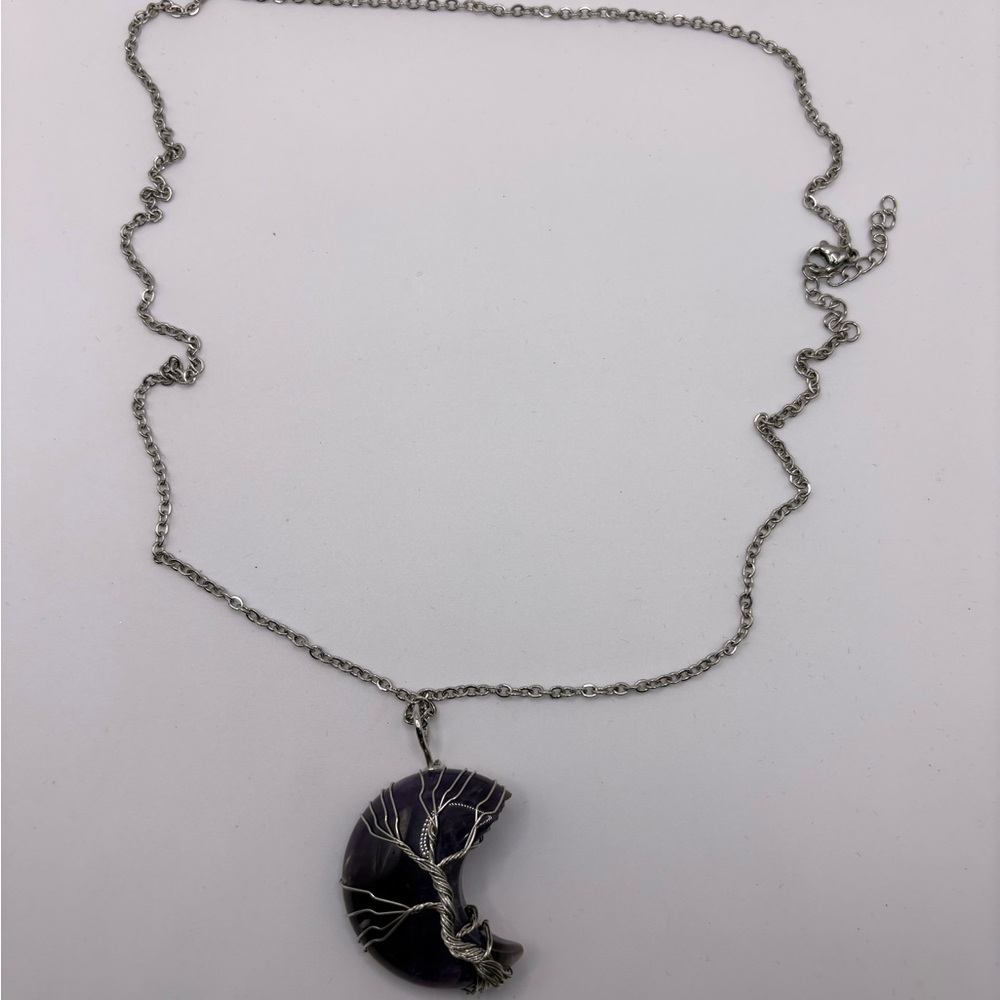 Amethyst Crescent Moon Necklace – Tree of Life Wire Wrap Pendant - Picture 1 of 7
